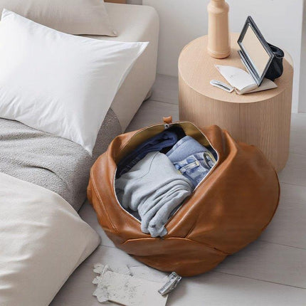 Brown Faux Leather Pumpkin Pouf Cover - DIY Unfilled Round Ottoman for Clothes Storage and Footrest - 50x30cm Versatile Home Decor.