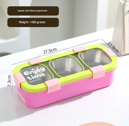 Green Premium Stainless Steel 3-Compartment Lunch Box - Leak-Proof 500ml Portable Bento Box for Students and Office Professionals.