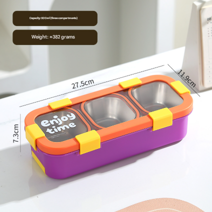 Orange Premium Stainless Steel 3-Compartment Lunch Box - Leak-Proof 500ml Portable Bento Box for Students and Office Professionals.