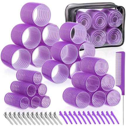 Purple 50-Piece Professional Hair Roller Set - Multi-Size Self-Grip Velcro Rollers with Clips and Tail Comb - Complete Heatless Styling Kit for Voluminous Curls and Air Bangs.
