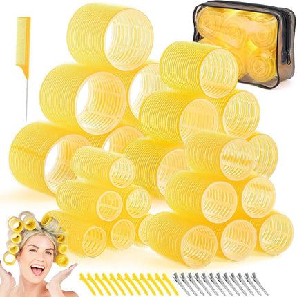 Yellow 50-Piece Professional Hair Roller Set - Multi-Size Self-Grip Velcro Rollers with Clips and Tail Comb - Complete Heatless Styling Kit for Voluminous Curls and Air Bangs.