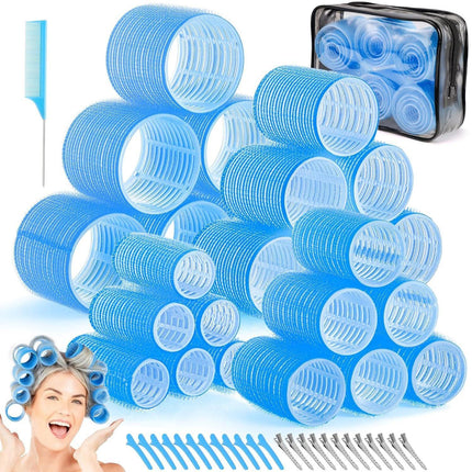 Blue 50-Piece Professional Hair Roller Set - Multi-Size Self-Grip Velcro Rollers with Clips and Tail Comb - Complete Heatless Styling Kit for Voluminous Curls and Air Bangs.