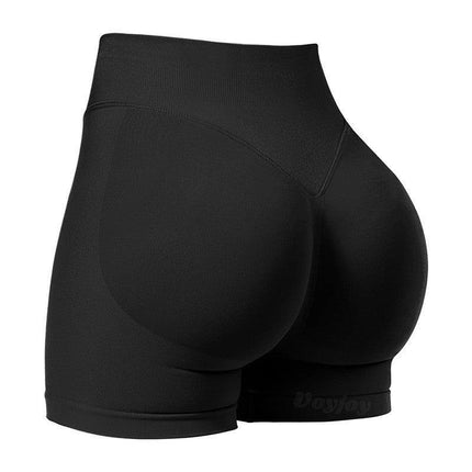 S Black High-Elastic Hip Yoga Shorts - Seamless Mid-Intensity Pilates Workout Shorts.