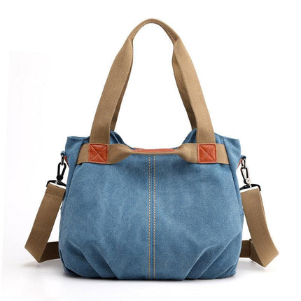 Light Blue Women's Retro Canvas Tote Bag Large Capacity Shoulder Handbag Adjustable Crossbody Strap 35cm for Travel Work & Daily Use.