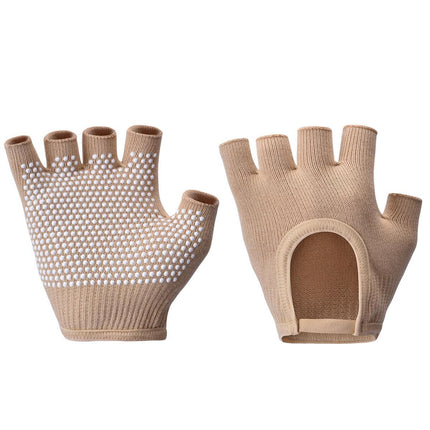 Beige 2-Pack Women's Non-Slip Yoga Gloves - Open Back Half Finger Cotton Stretchy Grip Gloves for Aerial Yoga, Pilates, and Fitness.