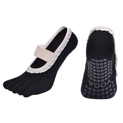 Black 2pcs Women's 5-Finger Ballet Style Yoga Socks - Non-Slip Grip Pilates & Dance Socks with Elegant Lace Trim and Elastic Cross Strap.
