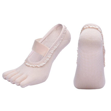 Beige 2pcs Women's 5-Finger Ballet Style Yoga Socks - Non-Slip Grip Pilates & Dance Socks with Elegant Lace Trim and Elastic Cross Strap.