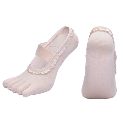 Beige 2pcs Women's 5-Finger Ballet Style Yoga Socks - Non-Slip Grip Pilates & Dance Socks with Elegant Lace Trim and Elastic Cross Strap.