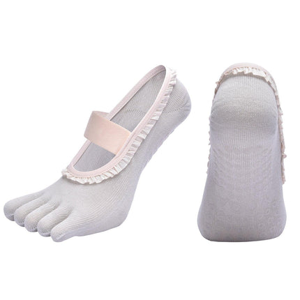 Grey 2pcs Women's 5-Finger Ballet Style Yoga Socks - Non-Slip Grip Pilates & Dance Socks with Elegant Lace Trim and Elastic Cross Strap.