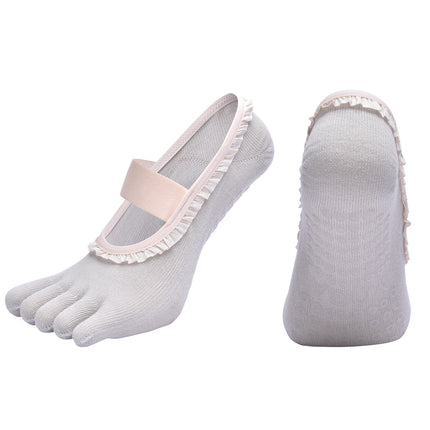 Grey 2pcs Women's 5-Finger Ballet Style Yoga Socks - Non-Slip Grip Pilates & Dance Socks with Elegant Lace Trim and Elastic Cross Strap.