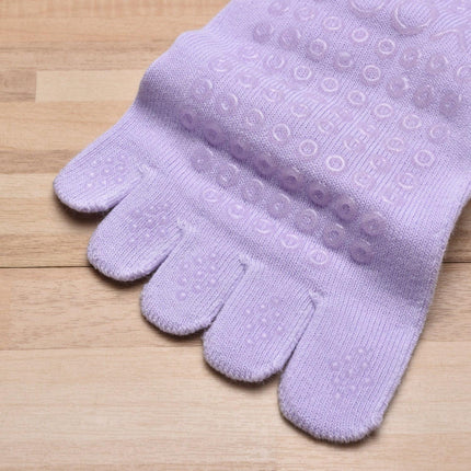 Grey 2pcs Women's 5-Finger Ballet Style Yoga Socks - Non-Slip Grip Pilates & Dance Socks with Elegant Lace Trim and Elastic Cross Strap.