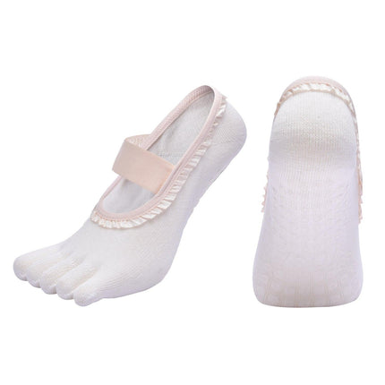 White 2pcs Women's 5-Finger Ballet Style Yoga Socks - Non-Slip Grip Pilates & Dance Socks with Elegant Lace Trim and Elastic Cross Strap.