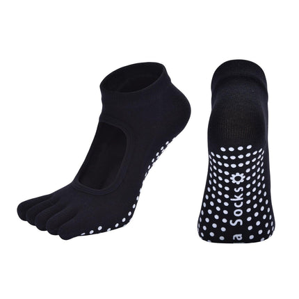 Black 3-Pack Women's Non-Slip Five-Finger Yoga Socks - Open Back Combed Cotton Pilates & Fitness Grip Socks for Professional Exercise.