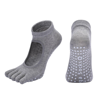 Light Grey 3-Pack Women's Non-Slip Five-Finger Yoga Socks - Open Back Combed Cotton Pilates & Fitness Grip Socks for Professional Exercise.