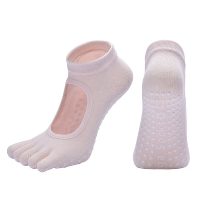 Pink 3-Pack Women's Non-Slip Five-Finger Yoga Socks - Open Back Combed Cotton Pilates & Fitness Grip Socks for Professional Exercise.