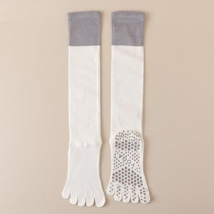 White 2PCS Women's Professional Five-Finger Compression Calf Socks - High-Performance Knee-High Non-Slip Grip Socks for Yoga, Running, and Fitness.