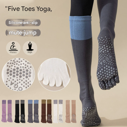 White 2PCS Women's Professional Five-Finger Compression Calf Socks - High-Performance Knee-High Non-Slip Grip Socks for Yoga, Running, and Fitness.