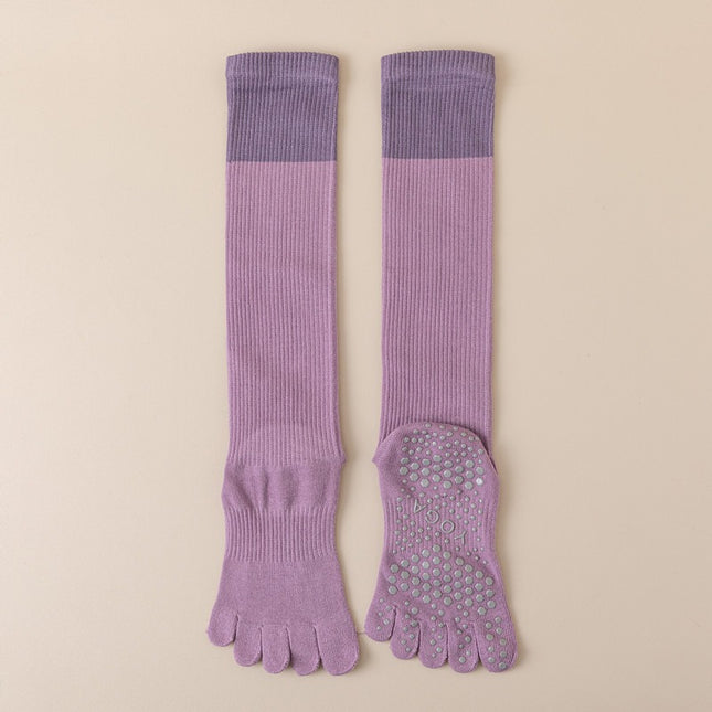 Purple 2PCS Women's Professional Five-Finger Compression Calf Socks - High-Performance Knee-High Non-Slip Grip Socks for Yoga, Running, and Fitness