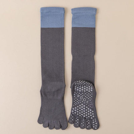 Grey 2PCS Women's Professional Five-Finger Compression Calf Socks - High-Performance Knee-High Non-Slip Grip Socks for Yoga, Running, and Fitness.