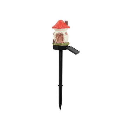 Red House Solar Powered Mushroom House Garden Stake Lights - Outdoor Waterproof Resin Landscape Decorative Lamps with Warm LED Glow for Patio, Lawn, and Yard.