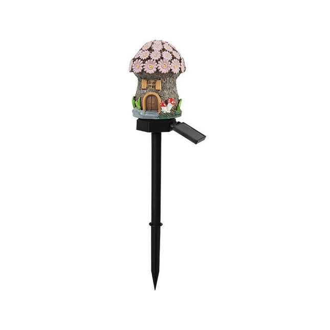 Pink House Solar Powered Mushroom House Garden Stake Lights - Outdoor Waterproof Resin Landscape Decorative Lamps with Warm LED Glow for Patio, Lawn, and Yard.