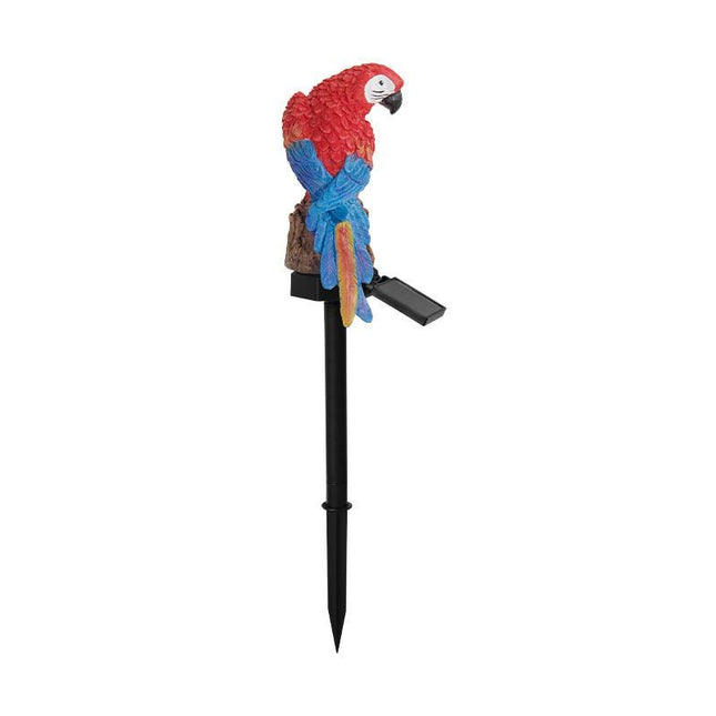 Red Solar Powered Parrot Garden Stake Lights - Hand-Painted Waterproof Resin LED Landscape Lamps for Outdoor Patio, Lawn, and Yard Decoration.