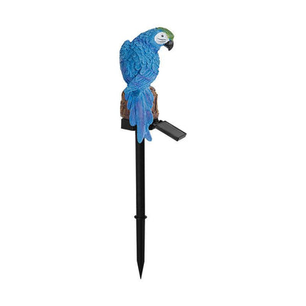 Blue Solar Powered Parrot Garden Stake Lights - Hand-Painted Waterproof Resin LED Landscape Lamps for Outdoor Patio, Lawn, and Yard Decoration.