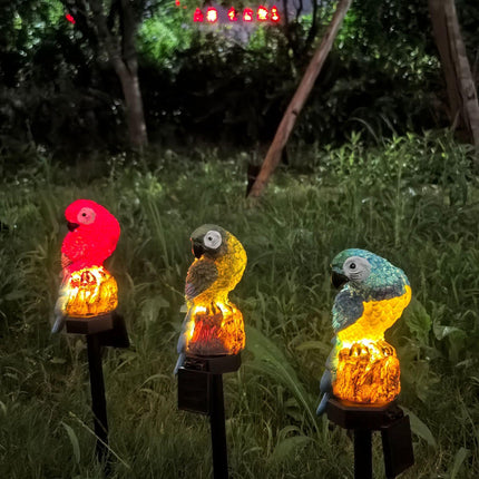 Blue Solar Powered Parrot Garden Stake Lights - Hand-Painted Waterproof Resin LED Landscape Lamps for Outdoor Patio, Lawn, and Yard Decoration.