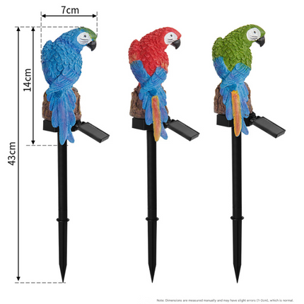 Blue Solar Powered Parrot Garden Stake Lights - Hand-Painted Waterproof Resin LED Landscape Lamps for Outdoor Patio, Lawn, and Yard Decoration.