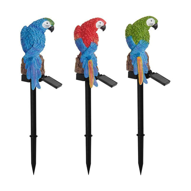 Three Color Solar Powered Parrot Garden Stake Lights - Hand-Painted Waterproof Resin LED Landscape Lamps for Outdoor Patio, Lawn, and Yard Decoration.