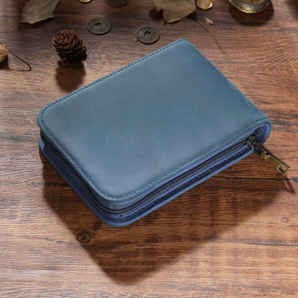 Blue 12-Slot Genuine Crazy Horse Leather Fountain Pen Case - Handcrafted Large Capacity Zippered Pen Organizer & Stationery Pouch.