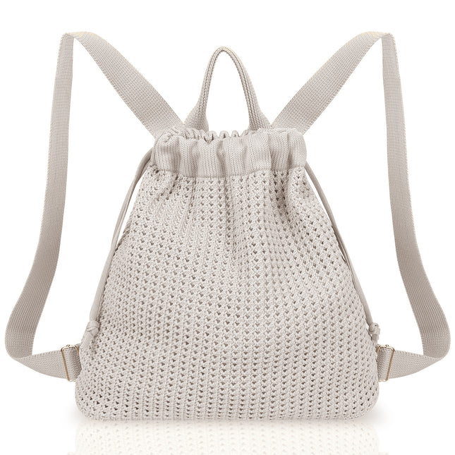 Grey Bohemian Crochet Knit Drawstring Backpack - Hand-Woven Versatile Tote & Shoulder Bag for Vacation, Travel, and Daily Use.
