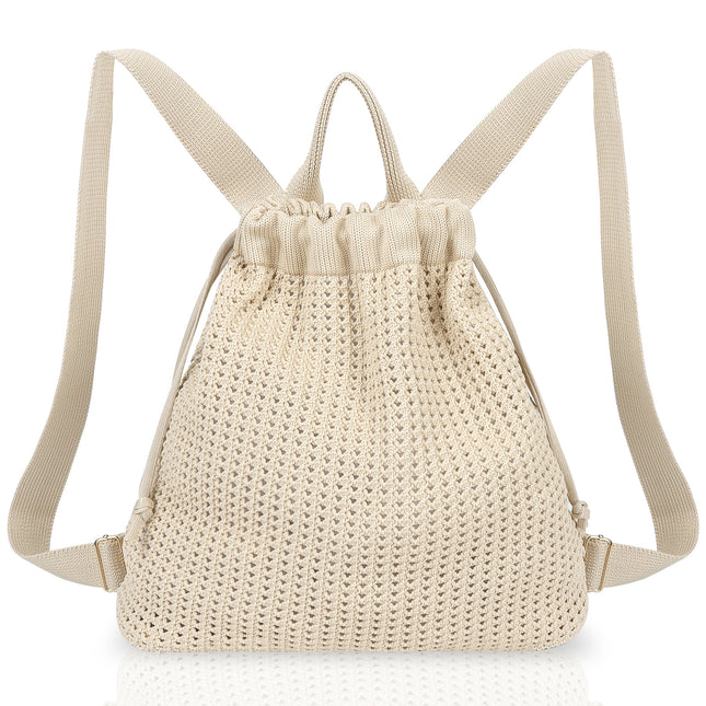 Khaki Bohemian Crochet Knit Drawstring Backpack - Hand-Woven Versatile Tote & Shoulder Bag for Vacation, Travel, and Daily Use.