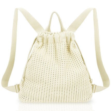 Beige Bohemian Crochet Knit Drawstring Backpack - Hand-Woven Versatile Tote & Shoulder Bag for Vacation, Travel, and Daily Use.