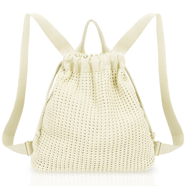 Beige Bohemian Crochet Knit Drawstring Backpack - Hand-Woven Versatile Tote & Shoulder Bag for Vacation, Travel, and Daily Use.