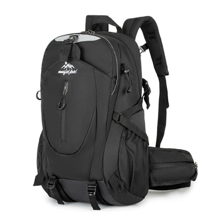 Black Professional Large Capacity Hiking Backpack - Waterproof Lightweight Outdoor Trekking Rucksack with Hydration Port and Emergency Safety Whistle.