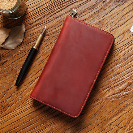 Wine Red Genuine Crazy Horse Leather Fountain Pen Case Zippered Organiser Pouch with 5 Elastic Loops & Mesh Pocket Vintage Stationery Holder.