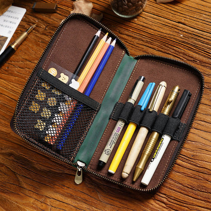 Blue Genuine Crazy Horse Leather Fountain Pen Case Zippered Organiser Pouch with 5 Elastic Loops & Mesh Pocket Vintage Stationery Holder.