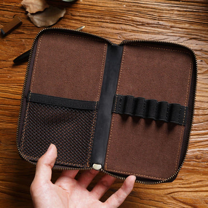 Blue Genuine Crazy Horse Leather Fountain Pen Case Zippered Organiser Pouch with 5 Elastic Loops & Mesh Pocket Vintage Stationery Holder.