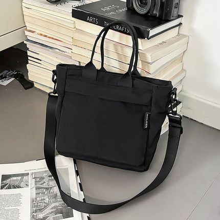 Black Lightweight Nylon Grid Tote Bag - Versatile Multi-Compartment Shoulder and Crossbody Bag for Daily Commute and Casual Travel.