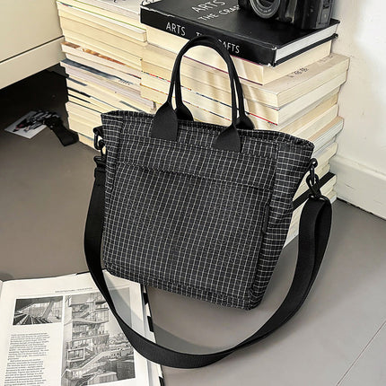 Black Plaid Lightweight Nylon Grid Tote Bag - Versatile Multi-Compartment Shoulder and Crossbody Bag for Daily Commute and Casual Travel.
