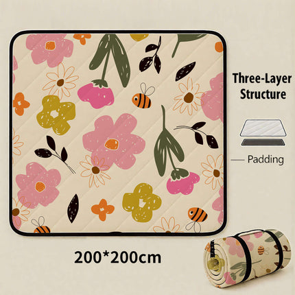 Sea of Bee Flowers Extra Large 200x200cm Waterproof Picnic Mat - Portable Thickened Oxford Cloth Outdoor Camping Blanket for Beach, Parks and Family Outings.