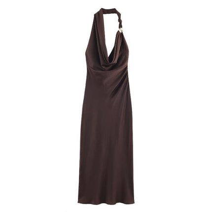 XS Elegant Halter Neck Satin Midi Dress - Sexy Asymmetric Draped Evening Gown with Metal Hardware Accent for Women.