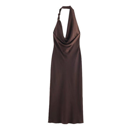M Elegant Halter Neck Satin Midi Dress - Sexy Asymmetric Draped Evening Gown with Metal Hardware Accent for Women.