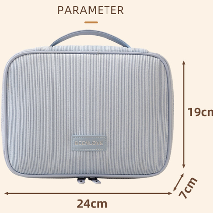 Blue Professional Large Capacity Travel Makeup Bag - Multifunctional Cosmetic Organizer with Dedicated Brush Slots and Portable Handle.