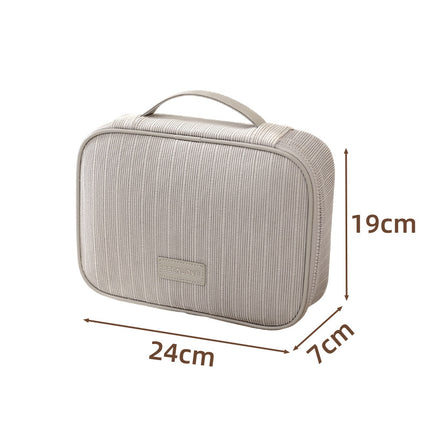 Grey Professional Large Capacity Travel Makeup Bag - Multifunctional Cosmetic Organizer with Dedicated Brush Slots and Portable Handle.