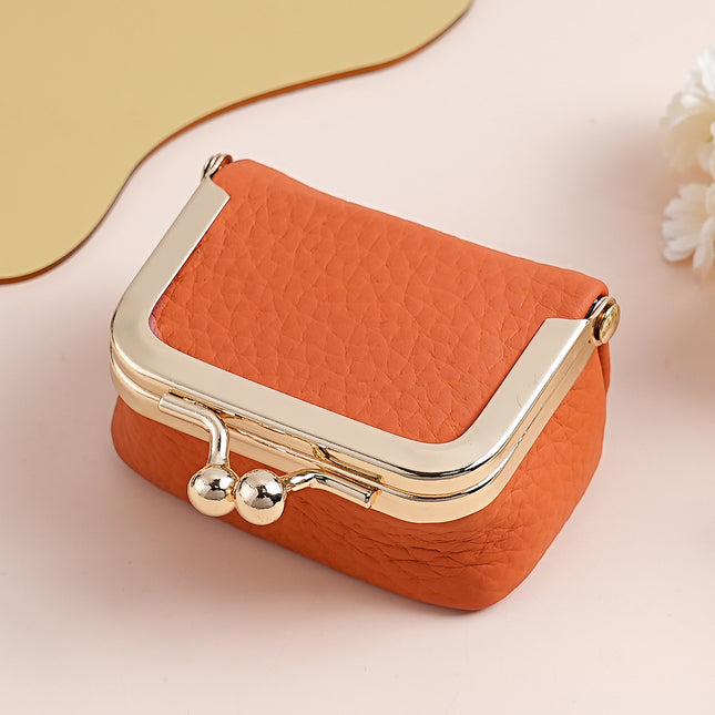 Orange Genuine Leather Mini Kiss-Lock Jewelry Pouch - Portable Travel Organizer for Rings, Earrings, Necklaces, and Coins.