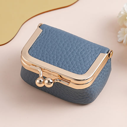 Blue Genuine Leather Mini Kiss-Lock Jewelry Pouch - Portable Travel Organizer for Rings, Earrings, Necklaces, and Coins.