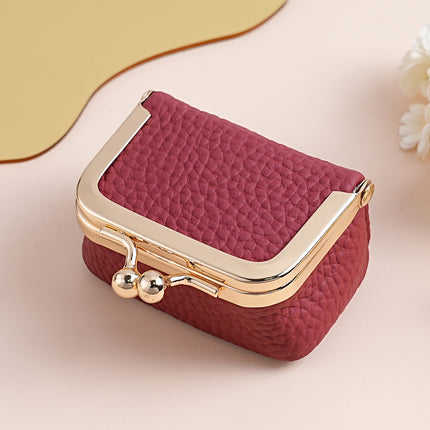 Wine Red Genuine Leather Mini Kiss-Lock Jewelry Pouch - Portable Travel Organizer for Rings, Earrings, Necklaces, and Coins.
