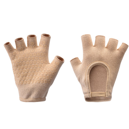 Beige 2-Pack Women's Non-Slip Yoga Gloves - Open Back Half Finger Cotton Stretchy Grip Gloves for Aerial Yoga, Pilates, and Fitness.